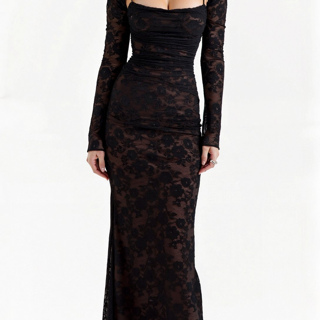Dames maxi-jurk met kantdetail en bloemenpatroon