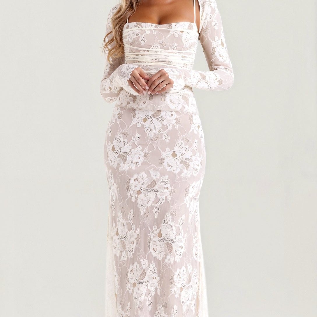 Dames maxi-jurk met kantdetail en bloemenpatroon