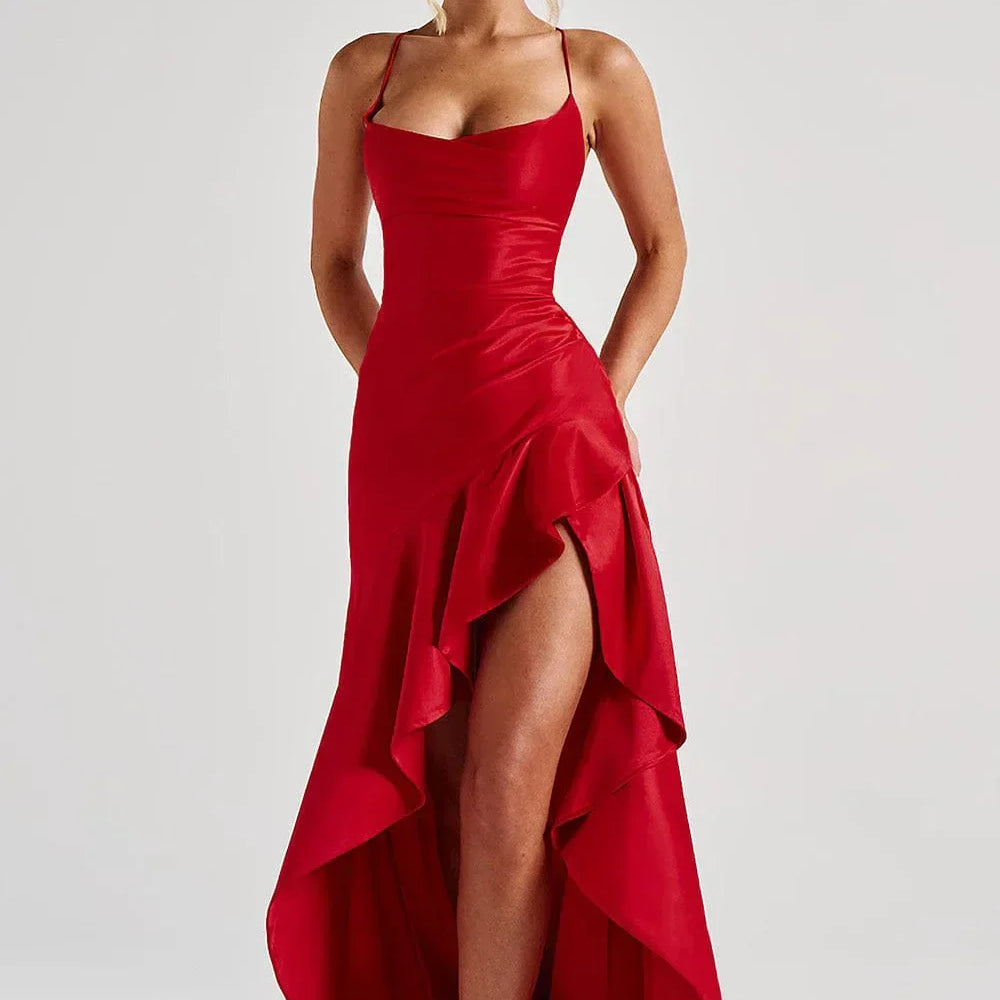 Dames maxi-jurk met split open rug en gedrapeerde halslijn