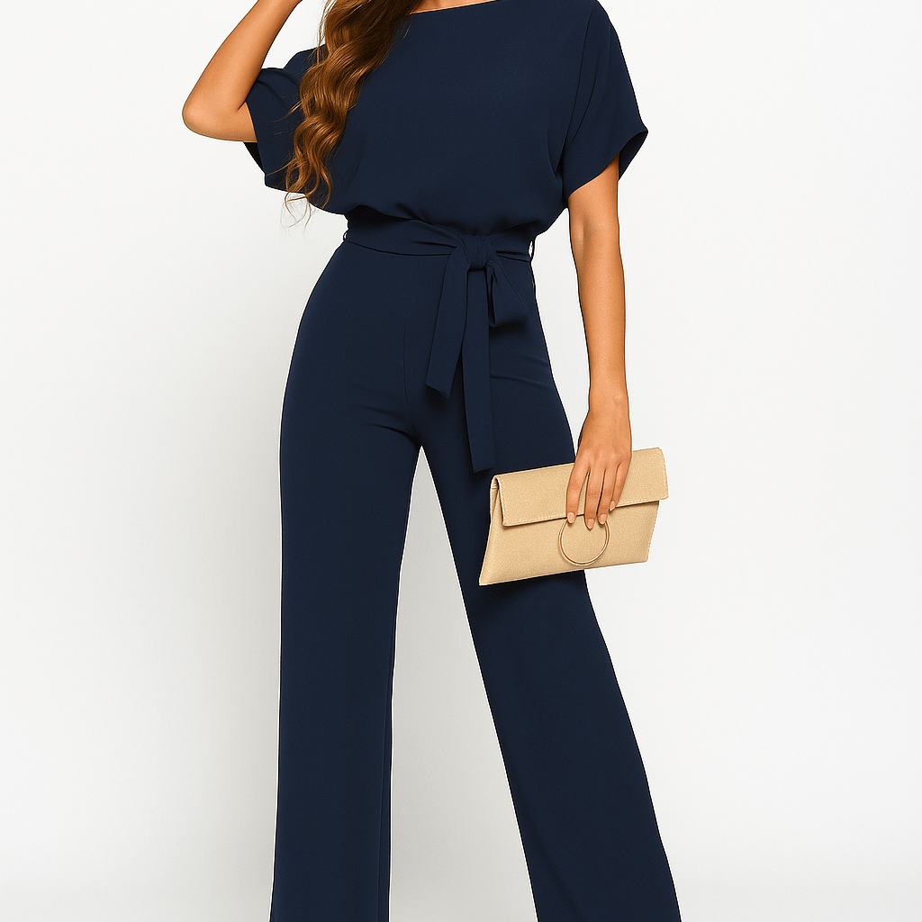 Dames jumpsuit met ceintuur en wijde broekspijpen